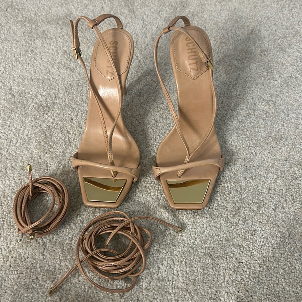 SCHUTZ Tan Strappy Lace-Up Stiletto Sandals - Picture 2 of 7